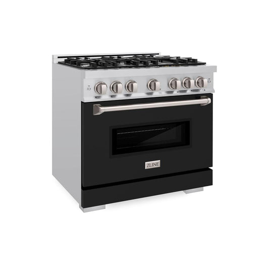 ZLINE 36 in. 5.2 cu. ft. Classic Dual Fuel Range with 6 Burner Gas Cooktop and Electric Convection Oven in Stainless Steel with Black Matte Door (CDR-BLM-36)