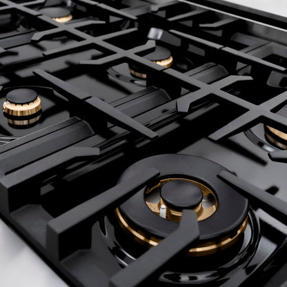 ZLINE Autograph Edition 36 in. 5.2 cu. ft. Classic Dual Fuel Range with 6 Burner Gas Cooktop and Electric Convection Oven in Stainless Steel with Black Matte Door and Champagne Bronze Accents (CDRZ-BLM-36-CB)