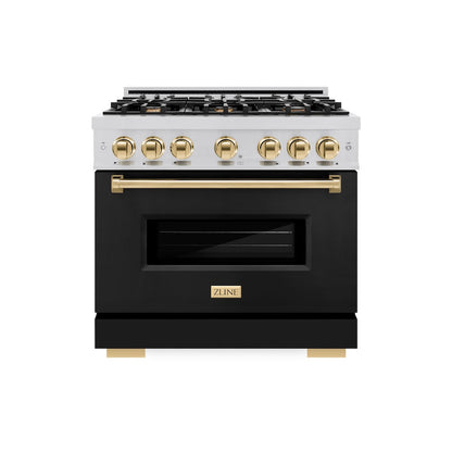 ZLINE Autograph Edition 36 in. 5.2 cu. ft. Classic Dual Fuel Range with 6 Burner Gas Cooktop and Electric Convection Oven in Stainless Steel with Black Matte Door and Polished Gold Accents (CDRZ-BLM-36-G)