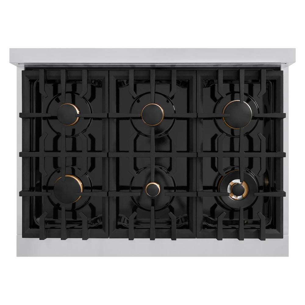 ZLINE Autograph Edition 36 in. 5.2 cu. ft. Classic Dual Fuel Range with 6 Burner Gas Cooktop and Electric Convection Oven in Stainless Steel with Black Matte Door and Polished Gold Accents (CDRZ-BLM-36-G)