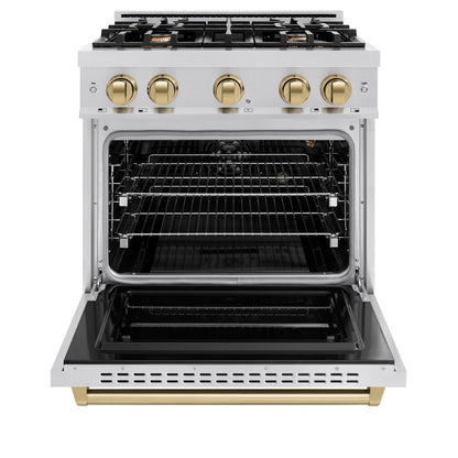 ZLINE Autograph Edition 30 in. 4.2 cu. ft. Classic Gas Range with 4 Burner Cooktop and Convection Gas Oven in Stainless Steel and Champagne Bronze Accents (CGRZ-30-CB)