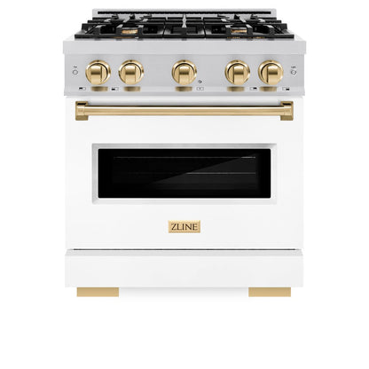 ZLINE Autograph Edition 30 in. 4.2 cu. ft. Classic Gas Range with 4 Burner Cooktop and Convection Gas Oven in Stainless Steel with White Matte Door and Polished Gold Accents (CGRZ-WM-30-G)