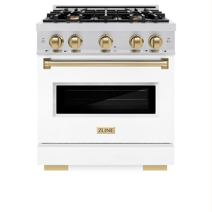 ZLINE Autograph Edition 30 in. 4.2 cu. ft. Classic Gas Range with 4 Burner Cooktop and Convection Gas Oven in Stainless Steel with White Matte Door and Champagne Bronze Accents (CGRZ-WM-30-CB)