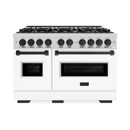 ZLINE Autograph Edition 48 in. 6.7 cu. ft. Classic Double Oven Gas Range with 8 Burner Cooktop in Stainless Steel with White Matte Doors and Matte Black Accents (CGRZ-WM-48-MB)