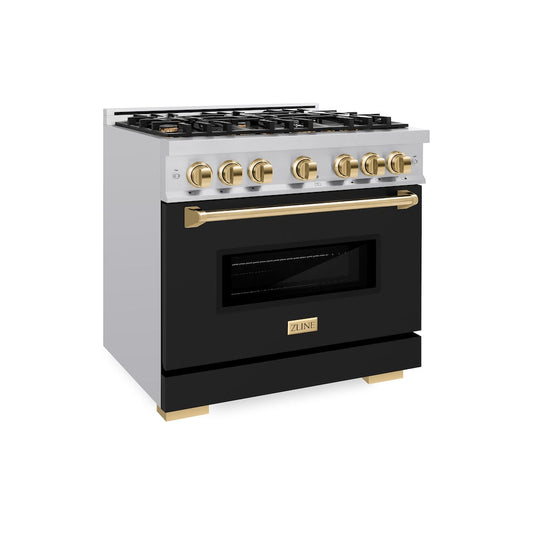 ZLINE Autograph Edition 36 in. 5.2 cu. ft. Classic Gas Range with 6 Burner Cooktop and Convection Gas Oven in Stainless Steel with Black Matte Door and Polished Gold Accents (CGRZ-BLM-36-G)