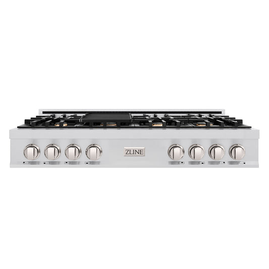 ZLINE 48 in. Classic Gas Rangetop with 8 Brass Burners and Porcelain Cooktop in Stainless Steel with Griddle (RT-BR-GR-48)