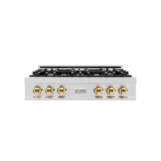 ZLINE Autograph Edition 36 in. Classic Gas Rangetop with 6 Burners and Porcelain Cooktop in Stainless Steel with Polished Gold Accents (RTZ-36-G)