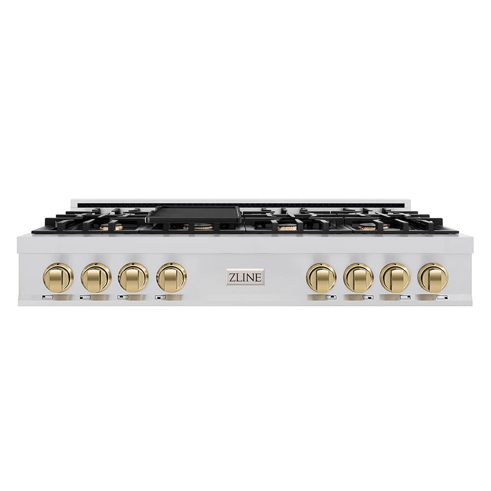 ZLINE Autograph Edition 48 in. Classic Gas Rangetop with 8 Burners and Porcelain Cooktop in Stainless Steel with Champagne Bronze Accents (RTZ-48-CB)