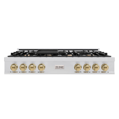 ZLINE Autograph Edition 48 in. Classic Gas Rangetop with 8 Burners and Porcelain Cooktop in Stainless Steel with Champagne Bronze Accents (RTZ-48-CB)