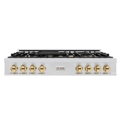 ZLINE Autograph Edition 48 in. Classic Gas Rangetop with 8 Burners and Porcelain Cooktop in Stainless Steel with Polished Gold Accents (RTZ-48-G)