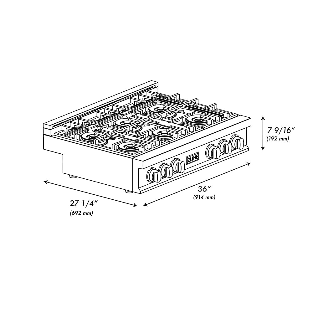ZLINE Autograph Edition 36 in. Classic Gas Rangetop with 6 Burner DuoPro™ Cooktop in Stainless Steel and Champagne Bronze Accents (PCRTZ-36-CB)