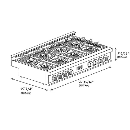 ZLINE Autograph Edition 48 in. Classic Gas Rangetop with 8 Burner DuoPro™ Cooktop in Black Stainless Steel and Polished Gold Accents (PCRTBZ-48-G)