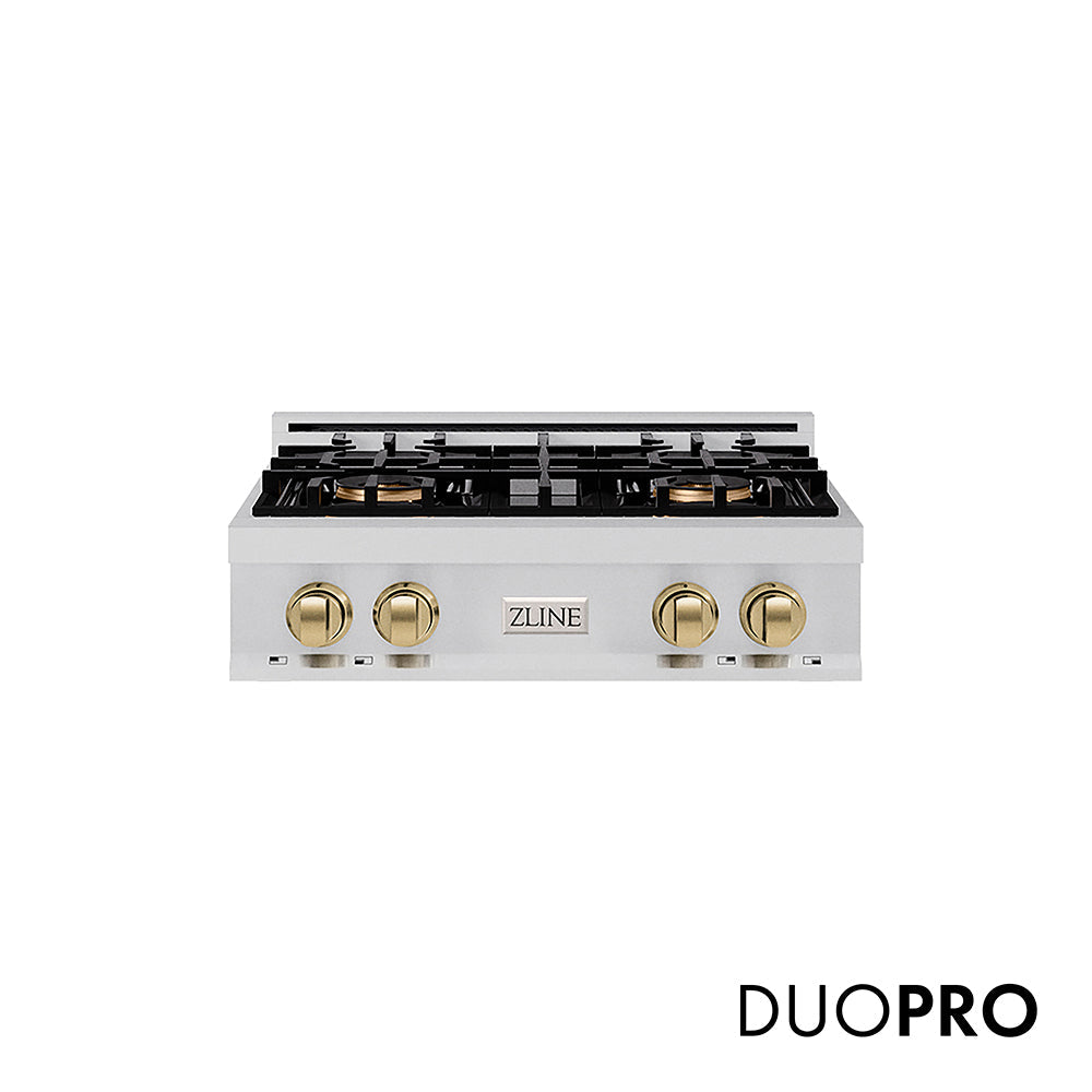 ZLINE Autograph Edition 30 in. Classic Gas Rangetop with 4 Burner DuoPro™ Cooktop in Stainless Steel and Champagne Bronze Accents (PCRTZ-30-CB)