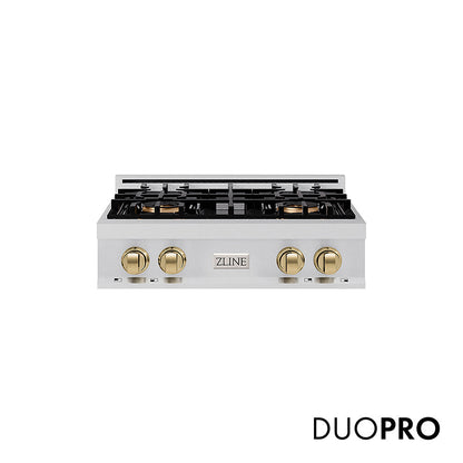 ZLINE Autograph Edition 30 in. Classic Gas Rangetop with 4 Burner DuoPro™ Cooktop in Stainless Steel and Champagne Bronze Accents (PCRTZ-30-CB)