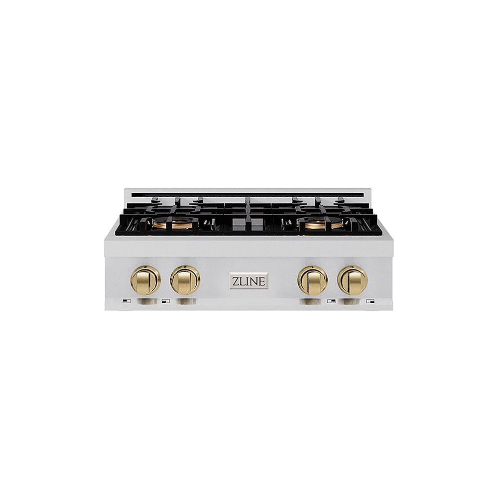 ZLINE Autograph Edition 30 in. Classic Gas Rangetop with 4 Burner DuoPro™ Cooktop in Stainless Steel and Champagne Bronze Accents (PCRTZ-30-CB)