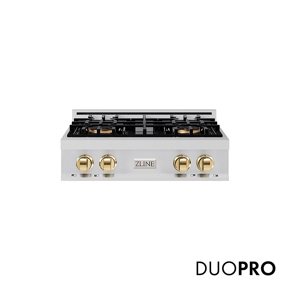 ZLINE Autograph Edition 30 in. Classic Gas Rangetop with 4 Burner DuoPro™ Cooktop in Stainless Steel and Polished Gold Accents (PCRTZ-30-G)
