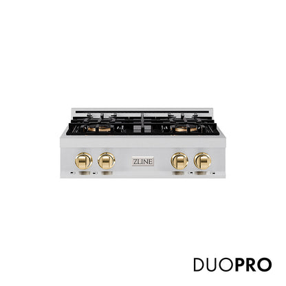 ZLINE Autograph Edition 30 in. Classic Gas Rangetop with 4 Burner DuoPro™ Cooktop in Stainless Steel and Polished Gold Accents (PCRTZ-30-G)