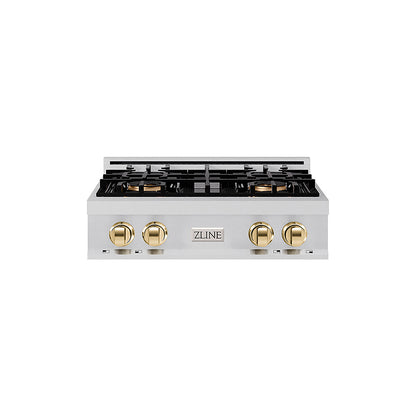 ZLINE Autograph Edition 30 in. Classic Gas Rangetop with 4 Burner DuoPro™ Cooktop in Stainless Steel and Polished Gold Accents (PCRTZ-30-G)