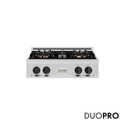 ZLINE Autograph Edition 30 in. Classic Gas Rangetop with 4 Burner DuoPro™ Cooktop in Stainless Steel and Matte Black Accents (PCRTZ-30-MB)