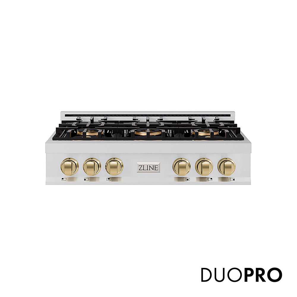 ZLINE Autograph Edition 36 in. Classic Gas Rangetop with 6 Burner DuoPro™ Cooktop in Stainless Steel and Champagne Bronze Accents (PCRTZ-36-CB)