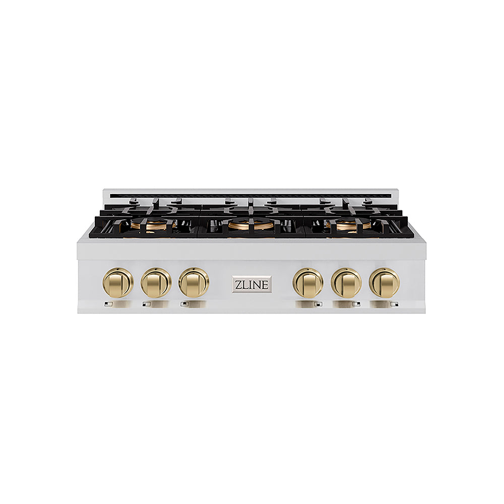 ZLINE Autograph Edition 36 in. Classic Gas Rangetop with 6 Burner DuoPro™ Cooktop in Stainless Steel and Champagne Bronze Accents (PCRTZ-36-CB)