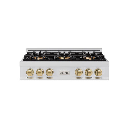 ZLINE Autograph Edition 36 in. Classic Gas Rangetop with 6 Burner DuoPro™ Cooktop in Stainless Steel and Champagne Bronze Accents (PCRTZ-36-CB)