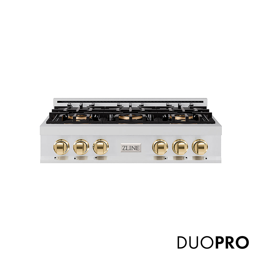 ZLINE Autograph Edition 36 in. Classic Gas Rangetop with 6 Burner DuoPro™ Cooktop in Stainless Steel and Polished Gold Accents (PCRTZ-36-G)
