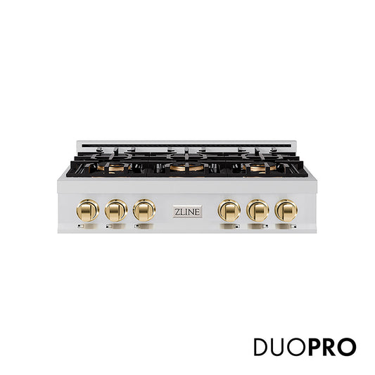 ZLINE Autograph Edition 36 in. Classic Gas Rangetop with 6 Burner DuoPro™ Cooktop in Stainless Steel and Polished Gold Accents (PCRTZ-36-G)