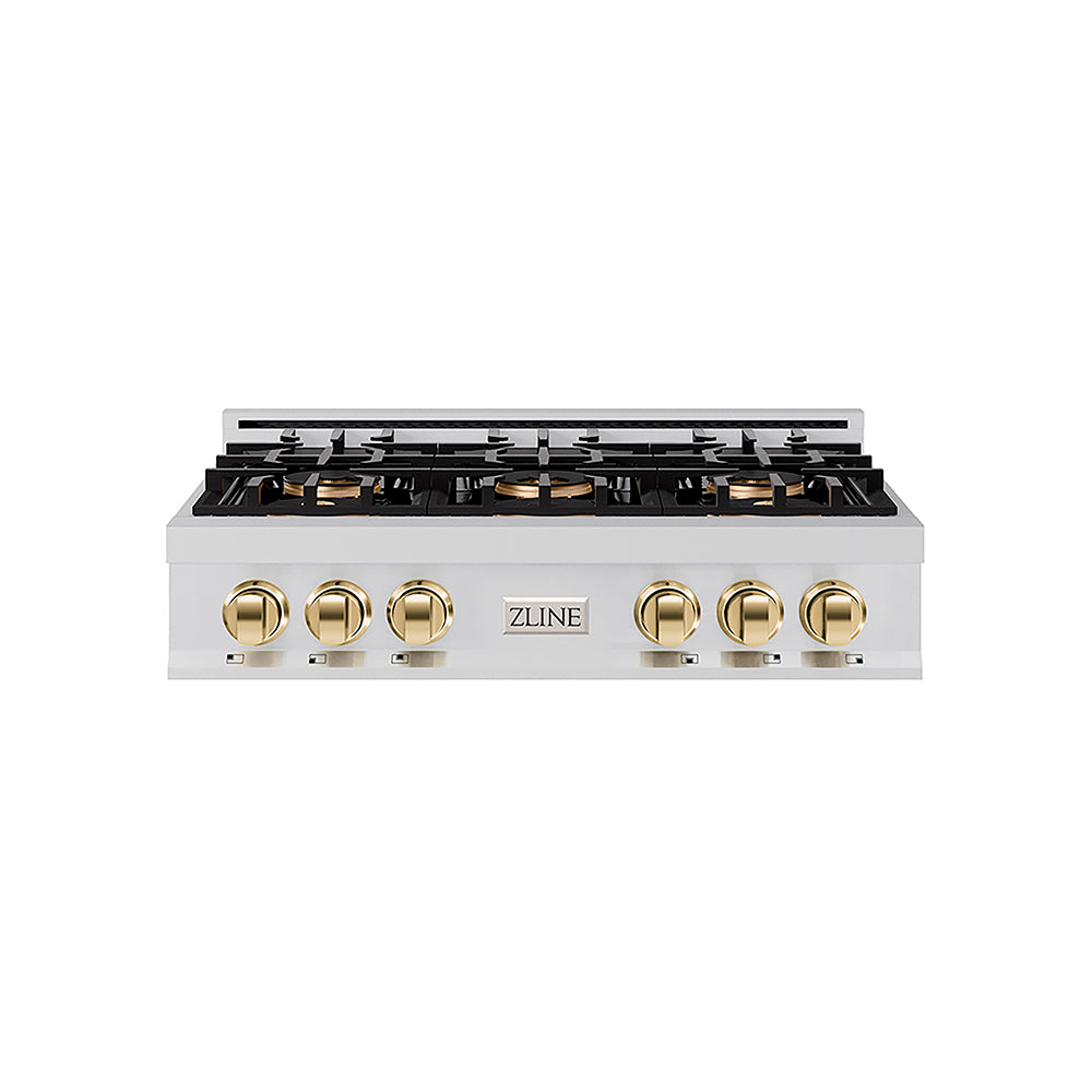ZLINE Autograph Edition 36 in. Classic Gas Rangetop with 6 Burner DuoPro™ Cooktop in Stainless Steel and Polished Gold Accents (PCRTZ-36-G)