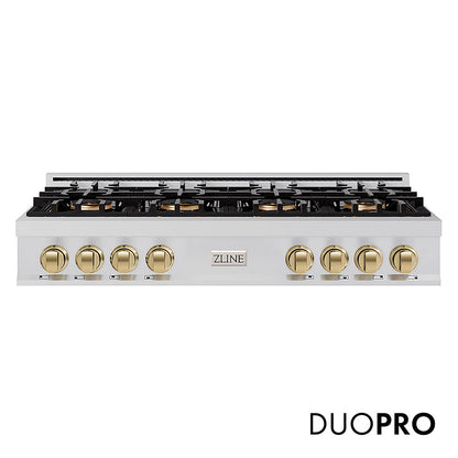 ZLINE Autograph Edition 48 in. Classic Gas Rangetop with 8 Burner DuoPro™ Cooktop in Stainless Steel and Champagne Bronze Accents (PCRTZ-48-CB)
