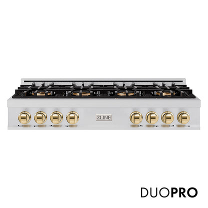 ZLINE Autograph Edition 48 in. Classic Gas Rangetop with 8 Burner DuoPro™ Cooktop in Stainless Steel and Polished Gold Accents (PCRTZ-48-G)