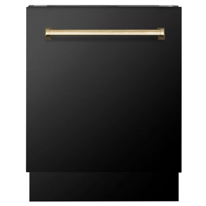 ZLINE Autograph Edition 48 in. Kitchen Package with Black Stainless Steel Dual Fuel Range, Range Hood, Dishwasher and Refrigerator Including External Water Dispenser with Polished Gold Accents (4AKPR-RABRHDWV48-G)