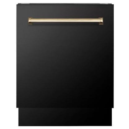 ZLINE Autograph Edition 36 in. Kitchen Package with Black Stainless Steel Dual Fuel Range, Range Hood, Dishwasher and Refrigerator with Polished Gold Accents (4AKPR-RABRHDWV36-G)
