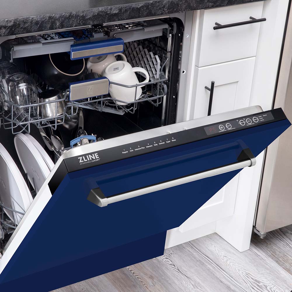 ZLINE 24 in. Tallac Series 3rd Rack Dishwasher with Blue Gloss Panel and Traditional Handle, 51dBa (BDWV-G-24)