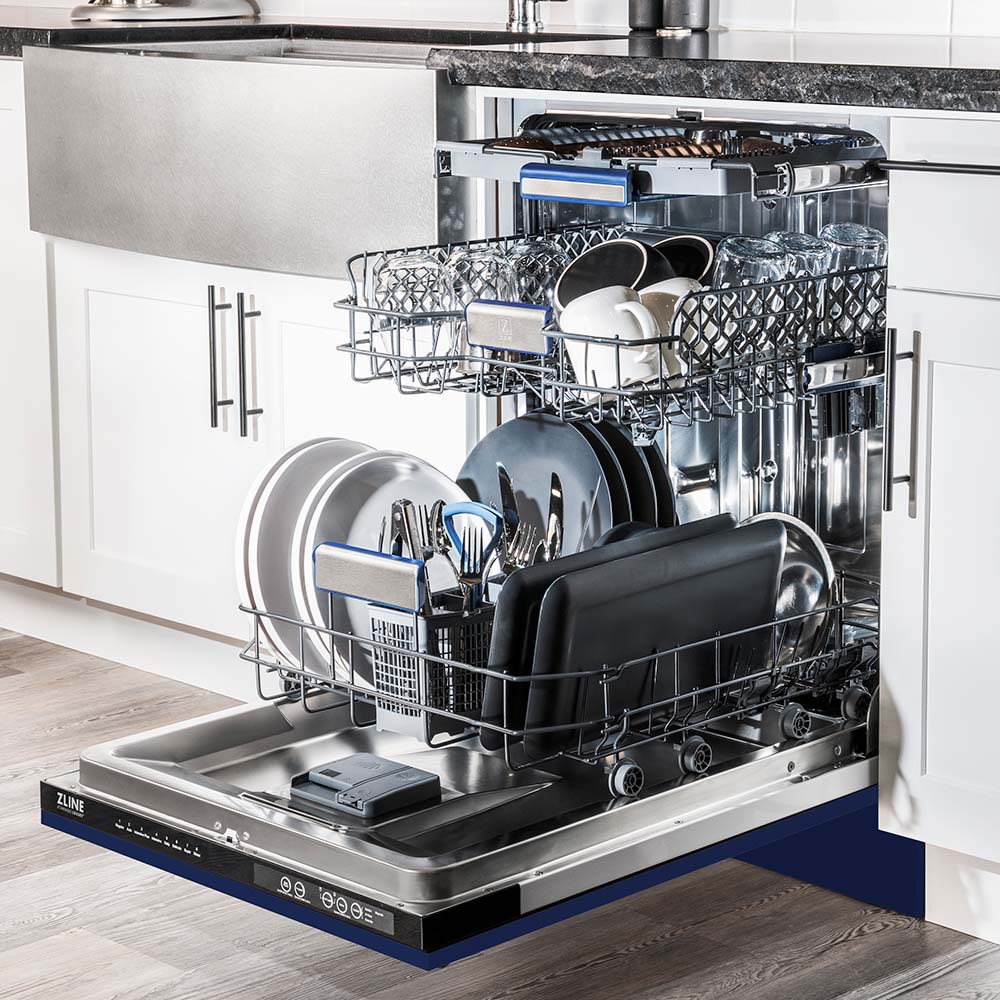 ZLINE 24 in. Tallac Series 3rd Rack Dishwasher with Blue Gloss Panel and Traditional Handle, 51dBa (BDWV-G-24)