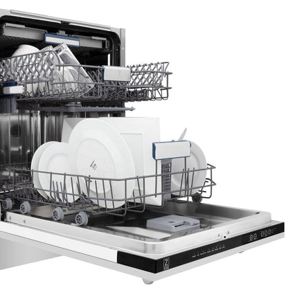 ZLINE Kitchen Package with Refrigerator, 48 in. Stainless Steel Dual Fuel Range, 48 in. Convertible Vent Range Hood, 24 in. Microwave Drawer, and 24 in. Tall Tub Dishwasher (5KPR-RARH48-MWDWV)