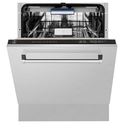 ZLINE Kitchen Package with Refrigerator, 36 in. Stainless Steel Dual Fuel Range, 36 in. Convertible Vent Range Hood, 24 in. Microwave Drawer, and 24 in. Tall Tub Dishwasher (5KPR-RARH36-MWDWV)