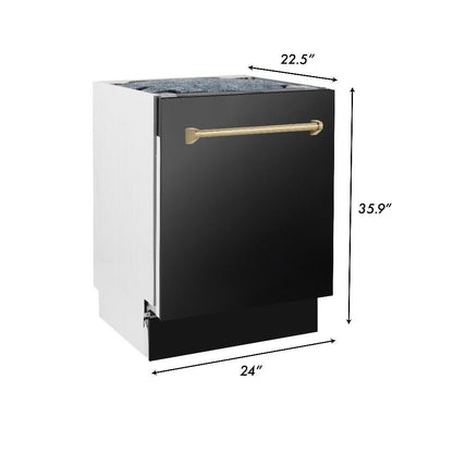 ZLINE Autograph Edition 48 in. Kitchen Package with Black Stainless Steel Dual Fuel Range, Range Hood, Dishwasher and Refrigerator with Champagne Bronze Accents (4AKPR-RABRHDWV48-CB)