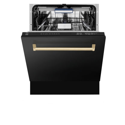 ZLINE Autograph Edition 36 in. Kitchen Package with Black Stainless Steel Dual Fuel Range, Range Hood, Dishwasher and Refrigerator Including Internal Water Dispenser with Champagne Bronze Accents (4AKPR-RABRHDWV36-CB)