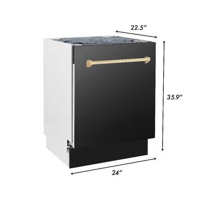 ZLINE Autograph Edition 36 in. Kitchen Package with Black Stainless Steel Dual Fuel Range, Range Hood, Dishwasher and Refrigerator with Polished Gold Accents (4AKPR-RABRHDWV36-G)