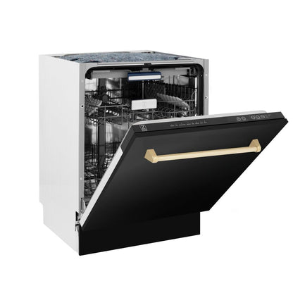 ZLINE Autograph Edition 48 in. Kitchen Package with Black Stainless Steel Dual Fuel Range, Range Hood, Dishwasher and Refrigerator Including External Water Dispenser with Polished Gold Accents (4AKPR-RABRHDWV48-G)