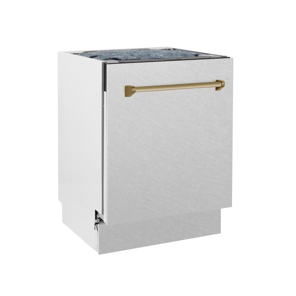ZLINE Autograph Edition 24 in. Tallac Series 3rd Rack Top Control Built-In Tall Tub Dishwasher with Satin Stainless Steel Panel and Champagne Bronze Handle, 51dBa (DWVZ-SN-24-CB)