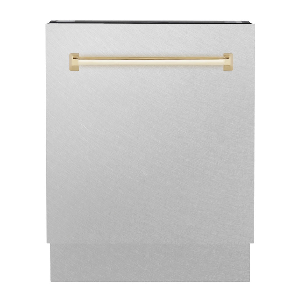ZLINE Autograph Edition 24 in. Tallac Series 3rd Rack Top Control Built-In Tall Tub Dishwasher with Satin Stainless Steel Panel and Polished Gold Handle, 51dBa (DWVZ-SN-24-G)