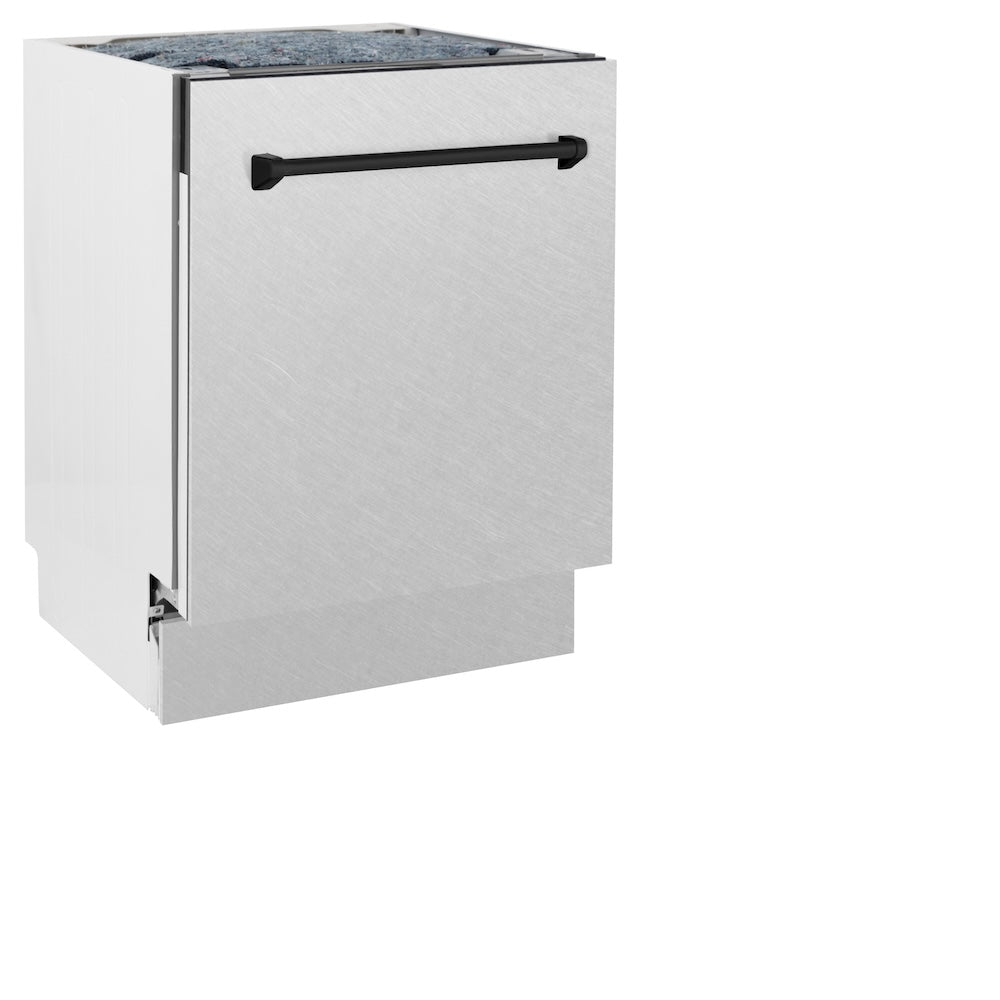 ZLINE Autograph Edition 24 in. Tallac Series 3rd Rack Top Control Built-In Tall Tub Dishwasher with Satin Stainless Steel Panel and Matte Black Handle, 51dBa (DWVZ-SN-24-MB)