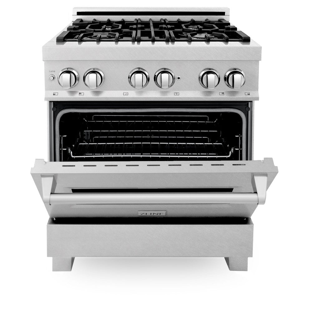 ZLINE 30 in. Kitchen Package with Satin Stainless Dual Fuel Range, Ducted Vent Range Hood and Dishwasher (3KP-RASRH30-DW)