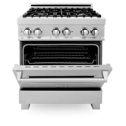 ZLINE 30 in. Kitchen Package with Satin Stainless Dual Fuel Range, Ducted Vent Range Hood and Dishwasher (3KP-RASRH30-DW)