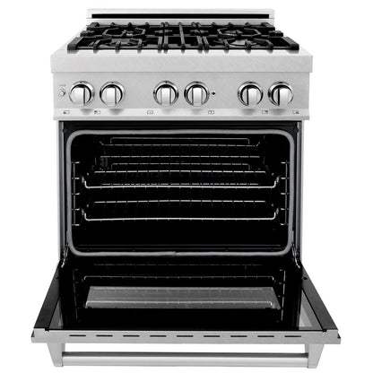 ZLINE 30 in. Kitchen Package with Satin Stainless Dual Fuel Range, Ducted Vent Range Hood and Dishwasher (3KP-RASRH30-DW)