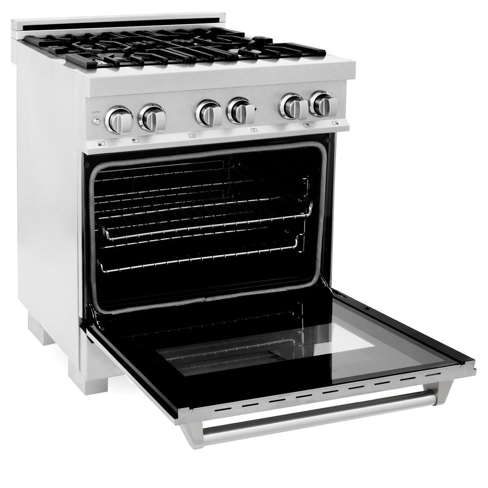 ZLINE 30 in. Kitchen Package with Satin Stainless Dual Fuel Range, Ducted Vent Range Hood and Dishwasher (3KP-RASRH30-DW)