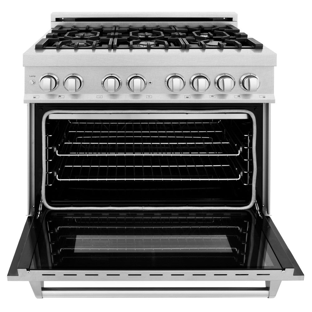 ZLINE 36 in. Kitchen Package with Satin Stainless Dual Fuel Range, Ducted Vent Range Hood and Tall Tub Dishwasher (3KP-RASRH36-DWV)