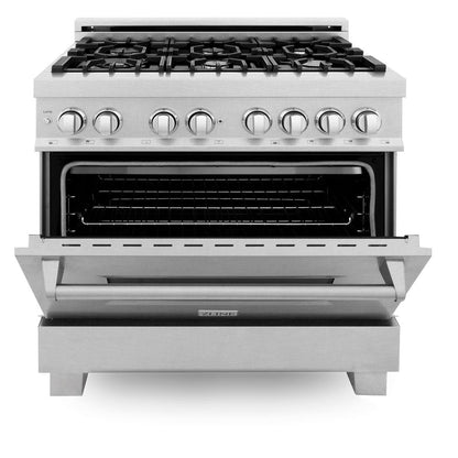 ZLINE 36 in. Kitchen Package with Satin Stainless Steel Dual Fuel Range and Convertible Vent Range Hood (2KP-RASSNRH36)